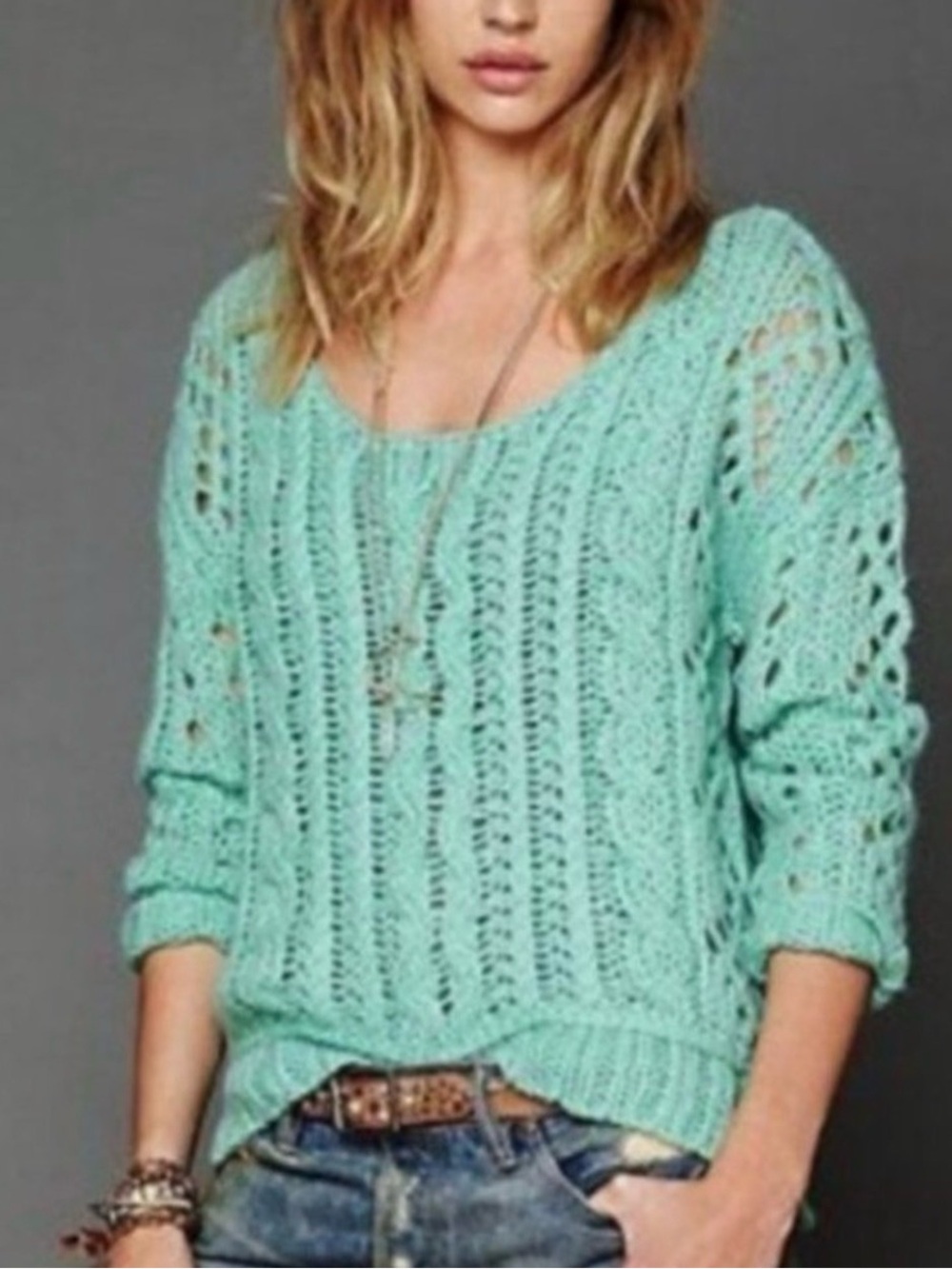 Free People Fluff Sweater Mint Mohair Wool Cable Knit S